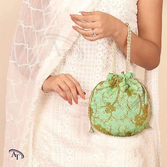 Image of AT Traders Embroidered Potli Bag Pack of 24 | Leaf Floral Design With Moti Handle Batwa Bag | Traditional Shagun Potli for Return Gifts | Ideal for Mehandi, Haldi, Baby Shower, Wedding, Sangeet