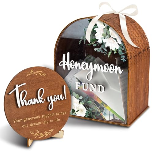 WOODAMORE Honeymoon Fund Box Wedding - Wooden Wedding Gift Card Box Rustic Marriage Decor For Reception Honey Moon Fund Money Boxes Birthday Graduation Baby Shower and Bridal Showers