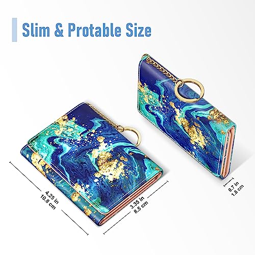 Image of Rouidr Womens Wallet, Small Slim RFID Card Wallets for Women, Cute Front Pocket Trifold Leather Card Organizer with 7 Slots & ID Window, Ocean Teal Marble
