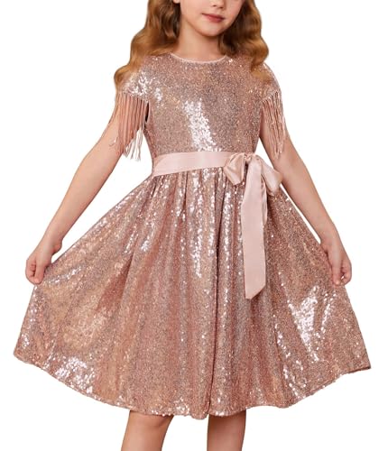 Mädchen Pailletten Partykleid mit Schleife Kurzarm Rundhals A-Linie Kleid...