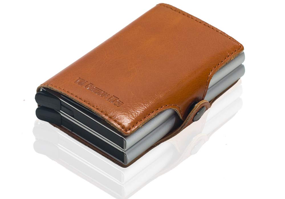 VM FASHION KISSMen Mini Wallet Genuine Leather aluminum Minimalist wallet card box RFID blocking Credit Card Holder (Oil wax brown)