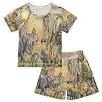YOUJUNER Kids Pyjamas Set African animal Leopard Elephant Zebra Giraffe Lion Short Sleeve T-Shirt Summer Nightwear PJs Lounge Wear Sleepwear for Boys Girls Children