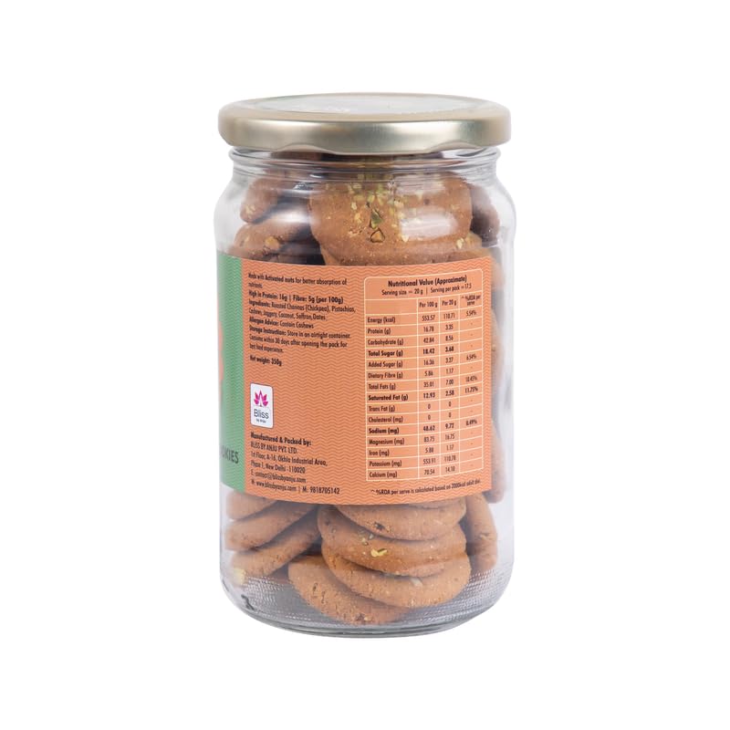 Image of Bliss by Anju Pistachio Protein Cookies with Saffron 350 g | 58.7g Protein per Pack | Made with Channa Sattu, Pistachios, Dates & Jaggery | No Oil, No Dairy, No Preservatives