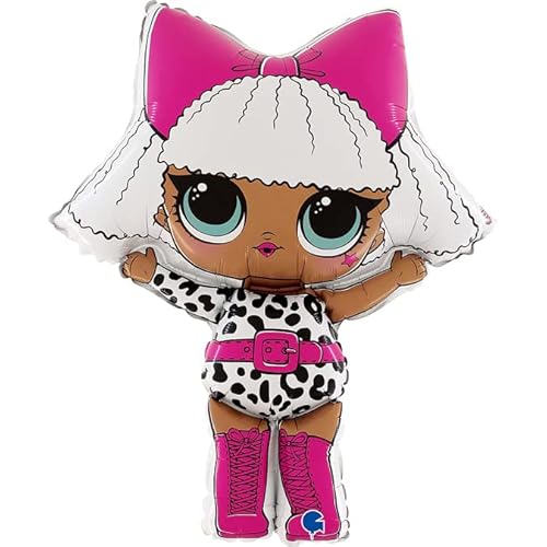 Grabo Globo de cumpleaños LOL Surprise. Globo de fiesta infantil en forma de Diva, de papel de aluminio con pajita para inflarlo. Globos de colores fabricados en Italia, 60 x 72 cm