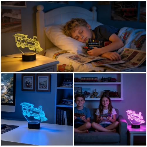 Image of FULLOSUN Train Night Light, 3D Illusion Lamp for Kids, 16 Colors Changing with Remote Control Dim Function, Creative Birthday Xmas Gifts for Kids Boys Bedroom Decor