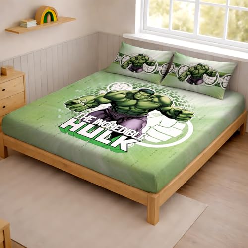 Image of Sassoon Marvel Hulk (Green) Digital Printed 100% Cotton Bedsheet with 2 Pillow Covers in 300TC