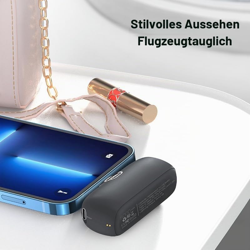 Pocket Powerbank Set 3er-Pack, 5000 mAh Mini-Powerbanks mit integriertem Stecker, LED-Anzeige, kleine Größe, tragbares Ladegerät für Smartphone/Tablet/Reise（Schwarz）