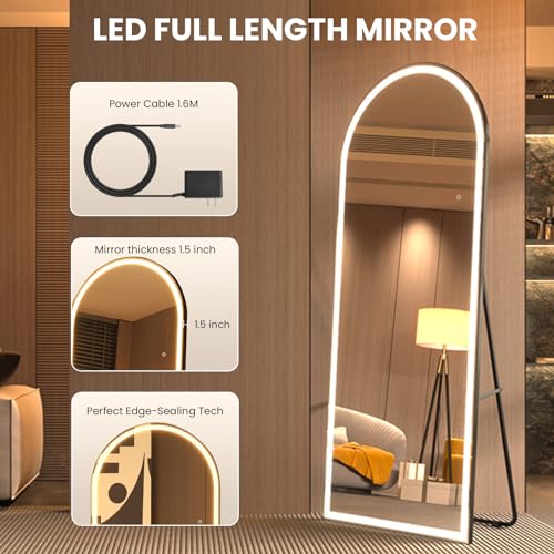 Image of Pertetey 81x34 Inch LED Arched Full Length Mirror with Lights, Black Frame Dimmable & 3 Color Modes LED Full Body Dressing Standing or Wall Mounted Long Mirror