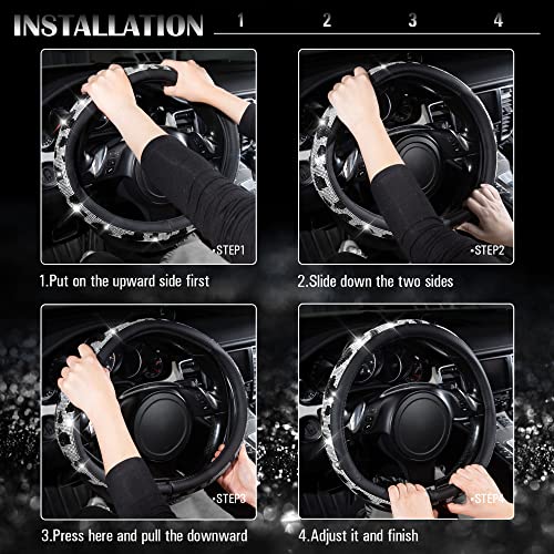 Image of CAR PASS Bling Cow Print Diamond Steering Wheel Cover, with Sparkly Crystal Glitter Rhinestones Black Leather Car Wheel Protect for Women Girl Fit Suvs,Vans,Sedans,Cars,Trucks, 14 inch 1 /2-15 inch Cow Design