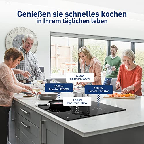 IsEasy 4 Zonen Einbau Induktionskochfeld mit 9 Leistungsstufen &1-99Min Timer, Boost-Funktion...