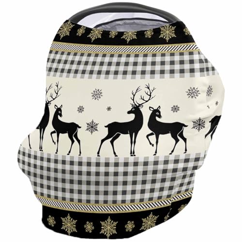Nursing Cover for Breastfeeding Scarf, Plaid Yellow Snowflake Beige Deer Silhouette Baby Car Covers Super Soft Multi Use for Canopy Shopping Cart Cover Blanket Stroller Cover