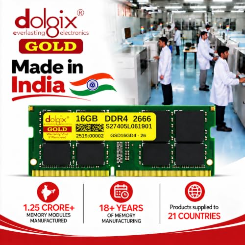 Image of Dolgix Gold 16GB DDR4 Laptop RAM 2666MHz /Notebook RAM (Memory) CL-19 (2Rx8 Dual Rank) SO-DIMM | PC4-21300, 5 Year-Warranty (Made in India)