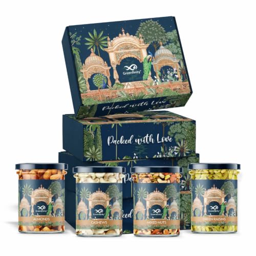 Image of Greenfinity Rakhi Special Dry Fruits Gift Hamper for Brother & Sister | With Rakhi Thread & Greeting Card | Rajasthani Gift Box| Almonds, Cashews, Pistachios & Green Raisins (200g Each, 800g)