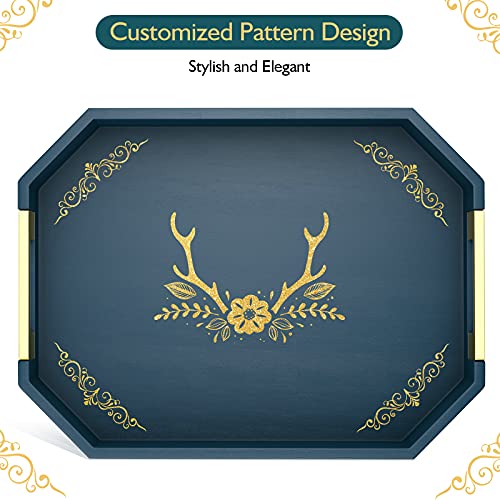 Mixoo Wood Serving Tray - Large Decorative Coffee Table Ottoman Tray with Elegant Customized Pattern and Golden Metal Handles for Home, Kitchen and Bathroom Decor - Thumbnail 3