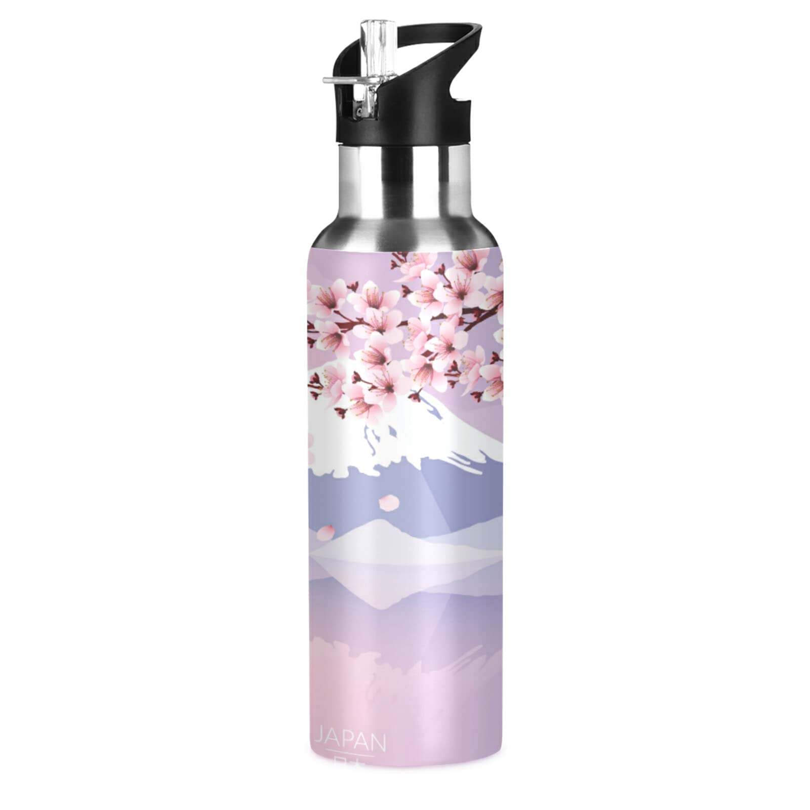 MNSRUU Edelstahl-Wasserflasche 590 Ml – Vakuumisoliert, Mit Kirschblüten-Design & Strohhalm-Deckel
