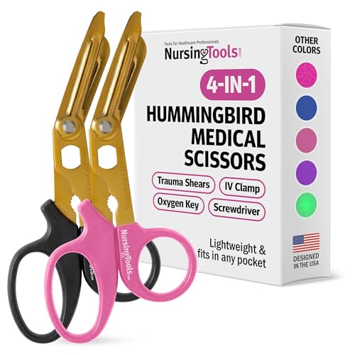 Nursing Tools Mini Medical Scissors 2-Pack – 4-in-1 Compact Trauma Shears for Nurses, Pocket Size Nurse Scissor for On-the-Go Use (Black + Pink)