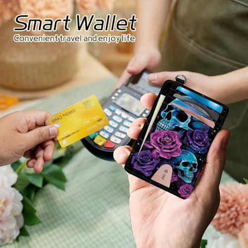 Image of Small Travel Wallets, Neon Sugar Skull Slim Minimalist Front Pocket Wallet with Wristlet, RFID Blocking PU Leather Credit Card Holder with ID Window Change Purse for Men Women