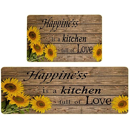 Tomwish Sunflower Kitchen Rugs Sets 2 Piece Kitchen Mats For Floor Absorbent Doormat Non-Slip Rubber Backing Area Rugs Washable Carpet For Kitchen Floor Home,Office,Sink,Laundry 17"X47"+17"X27" #TOP14