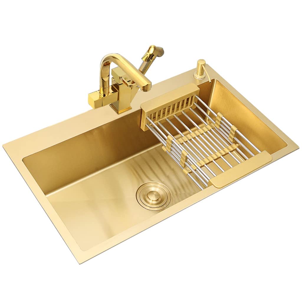 Lavello per Camper, Vasca Singola, in Acciaio Inox 304, lavello da Bar, Montaggio sopra o sottopiano, con Rubinetto a Leva e cestello di Scarico (Oro 75x45x21 cm)