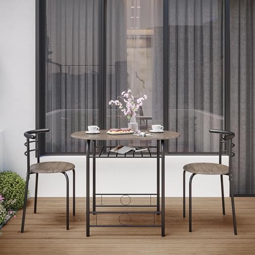 Yaheetech 3-Piece Dining Table Set, Kitchen Table & Chair Sets for 2, Compact Table Set w/Steel Legs, Built-in Wine Rack for Breakfast Nook, Small Space, Apartment, Drift Brown — view 7