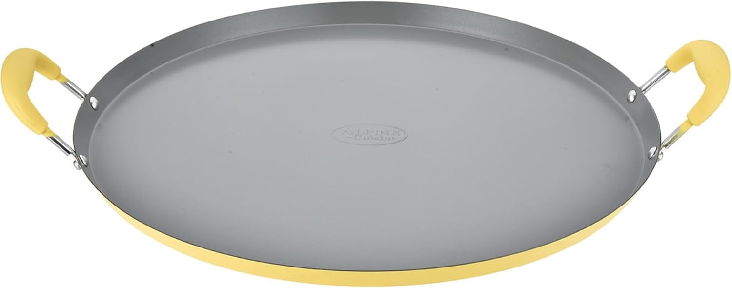 Alpine Cuisine 14-Inch Round Comal Griddle Pan, Ceramic Nonstick Carbon Steel for Tortillas & Crepes, Matte Gray with Lemon Drop Yellow Handles