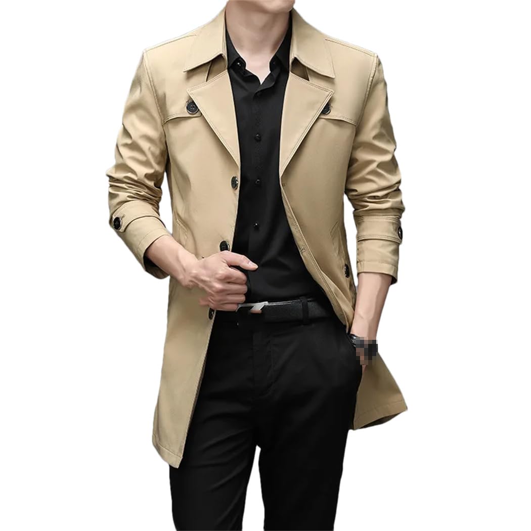 Trench Lungo da Uomo in Primavera e Autunno Trench Uomo Moda Business Casual Trench Monopetto a Tinta Unita con Risvolto Oversize