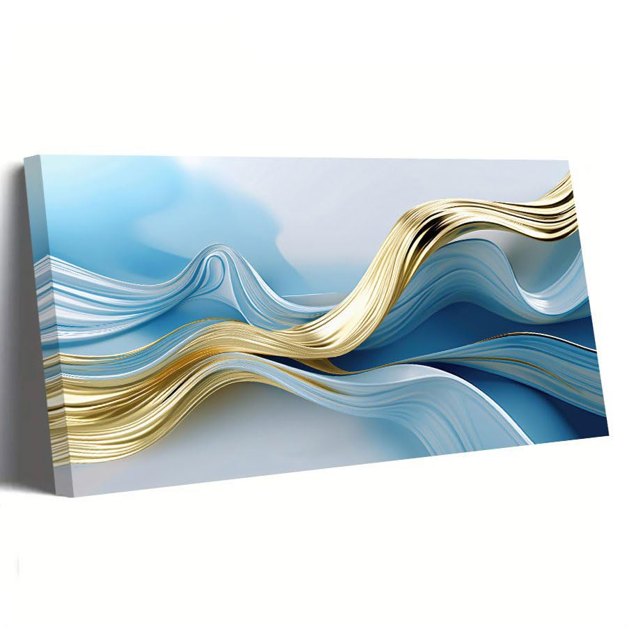 Cuadro de olas azules y doradas de 50x100cm, dale vida a tus paredes vacías sin complicaciones