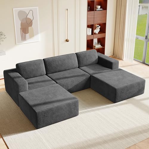 Image of Vesgantti 119 inch Oversized U-Shaped Modular Sectional Sofa, Corduroy Cloud Couch with Deep Seating & Spring Support, Convertible Sofa with 2 Ottomans, Boneless Couch, No Assembly Required, Grey