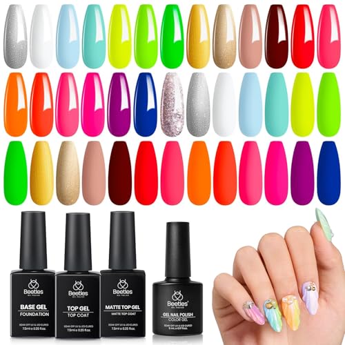 Beetles Neon Gel Nail Polish Set - 20 Color Summer Rainbow Gel Polish Kit with 3Pcs Base Top Coat Hot Pink Orange Blue Lemon Green Glitter Colors Soak Off UV Manicure Gift for Women