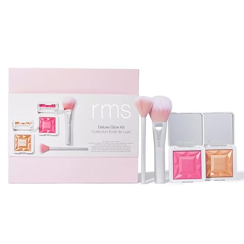 RMS Beauty Kit Deluxe Glow - Set de regalo de maquillaje con resaltador, rubor en polvo, cepillo para rubor y cepillo de abanico, juego de regalo de
