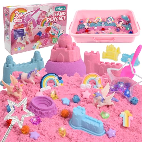 Volmop Unicorn Sensory Bin for Girl, 148pcs Play Sand Art Kit with Sandbox, 3.3lb Color Sand,Unicorn Tactile Sensory Toy for Girl Toddler Ages 3-8