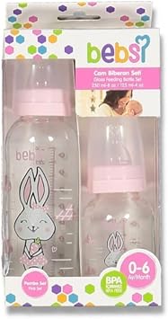 Bebsi K z Bebek 2li Cam Biberon Seti, 250ml + 150ml, Pembe