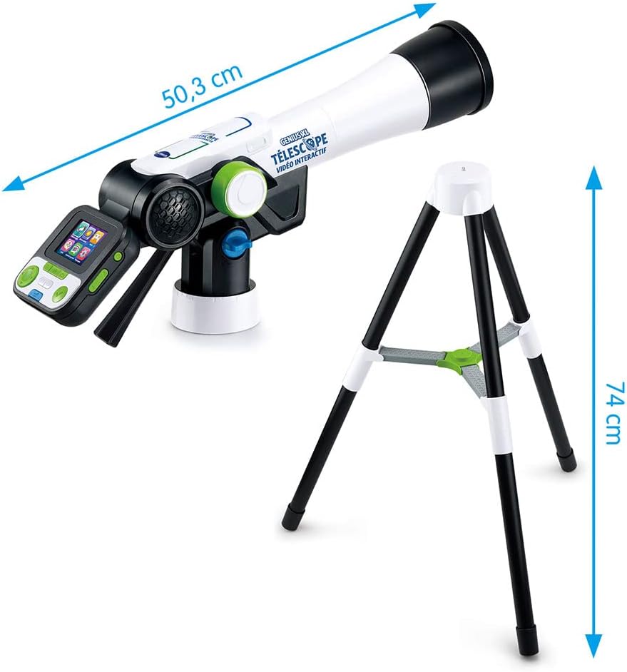 Diagram showing the dimensions of the VTech Genius XL Interactive Video Telescope and its tripod