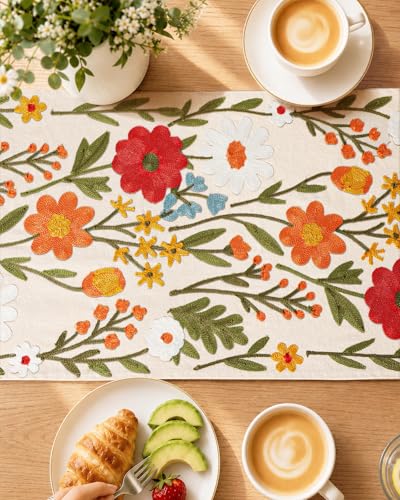 Miss Adola Embroidered Canvas Table Runner 13"x72", Wild Flower - Image 4