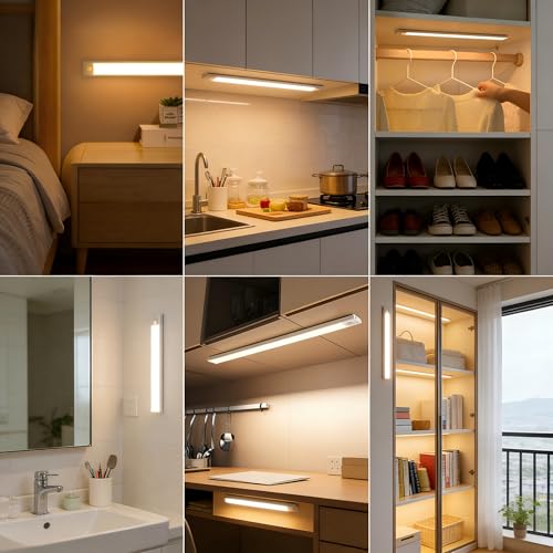 Image of Magnetic Under Cabinet lighting 2 Pack, 12 inch Rechargeable - 3 Color Dimmable LED, Ultra Slim 1800 Battery Powered Motion Sensor light indoor Punch-free Smart Sensor Magnetic Rechargeable Led Light