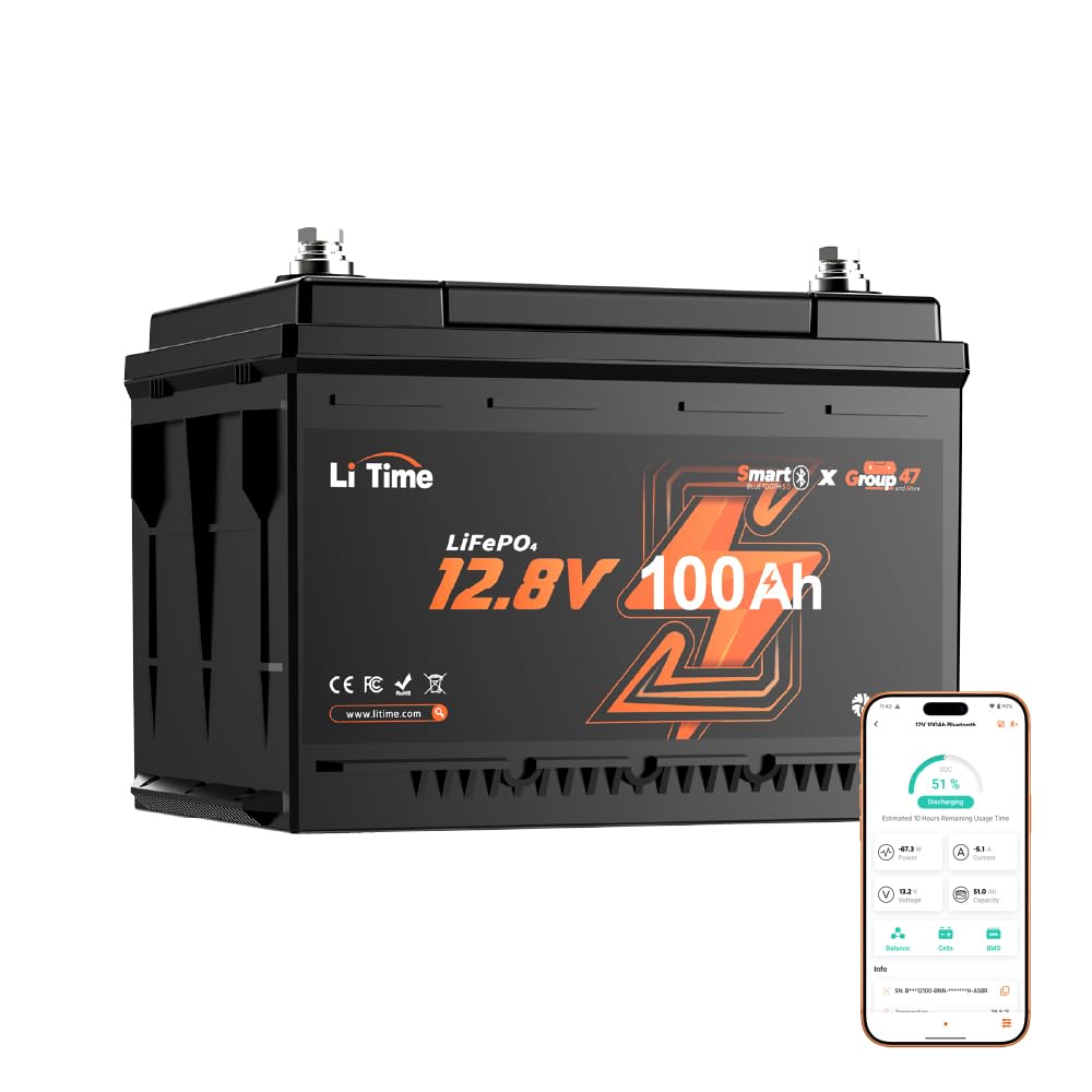 LiTime Batterie Lithium 12V 100Ah H168 LiFePO4 pour Camping-Cars et Fourgon | Bluetooth, 100A BMS, Max. 15000 Cycles, Énergie 1280Wh, IP65, Protection Anti-froid, pour Camper Van, Caravane, Bateaux