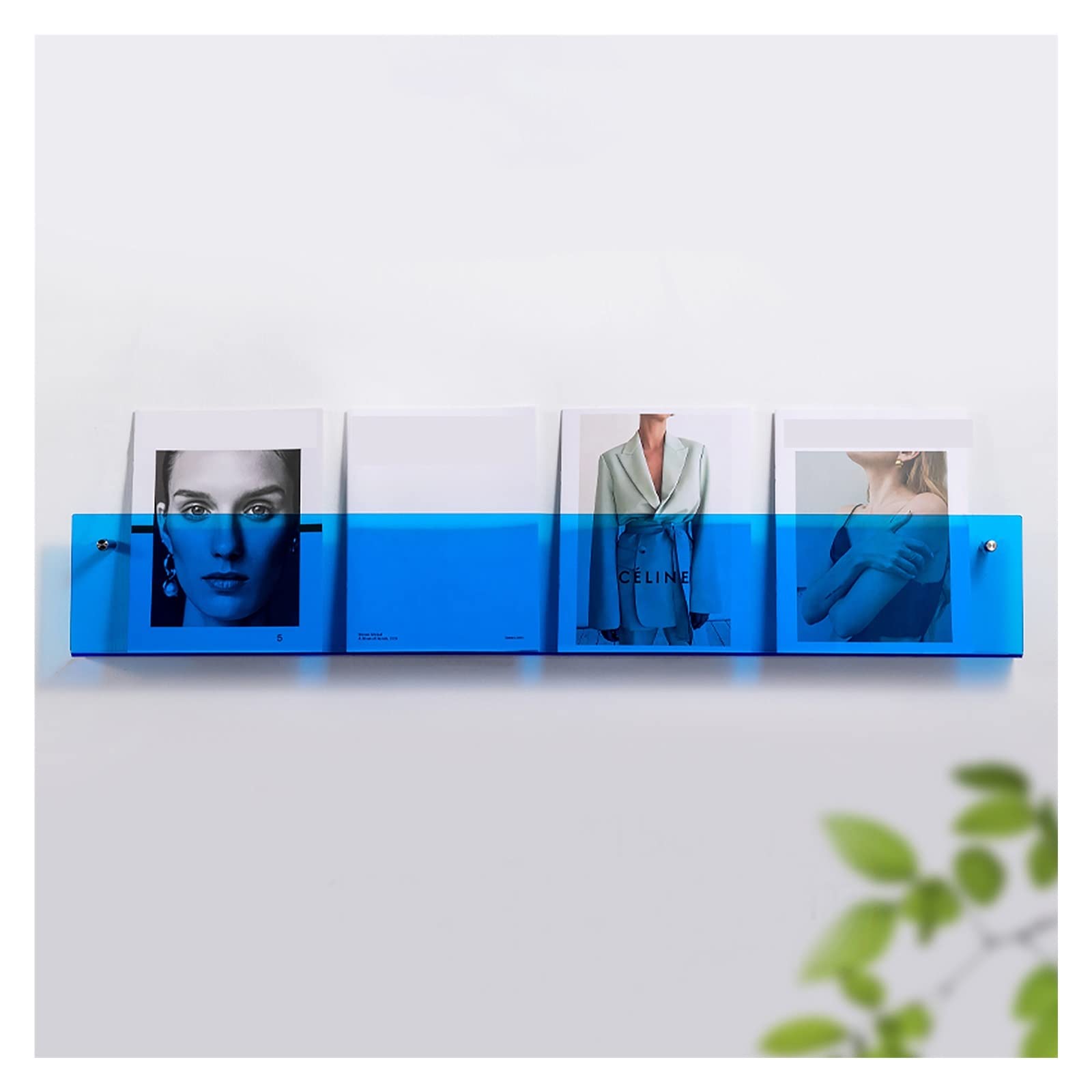 SAeWare Revistero acrílico para colgar en la pared, para folletos, literatura, periódicos, vestíbulo, biblioteca, recepción, transparente, 120 x 15 x 5 cm, azul, 100 x 15 x 5 cm