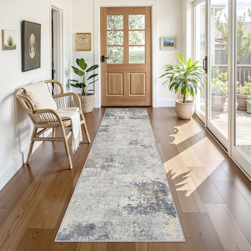 2X8 Washable Runner Rug for Hallway: Soft Neutral Modern Abstract Area Rug - Non-Slip Low Pile Long Throw Indoor Carpet for Kitchen Entryway Kitchen Bedroom Laundry - Blue Grey