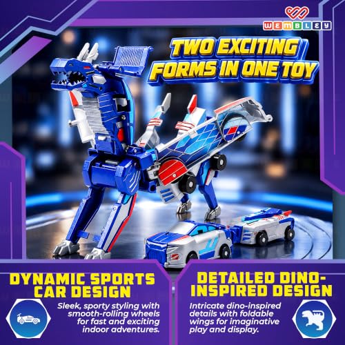 Image of Wembley 2-in-1 Dinosaur Transforming Car Set for Kids - Automatic Transforming Dino Robot Car, Toy for Boys & Girls Age 3+