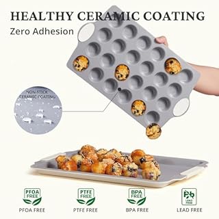 BRONYPRO Ceramic Mini Muffin Pan, 24-Cup Nonstick Aluminized Steel Cupcake Pans, Healthy Non-Toxic Ceramic Coating Mini Muffin Tin, 1Pack Cup Cake Pans for Baking Cream