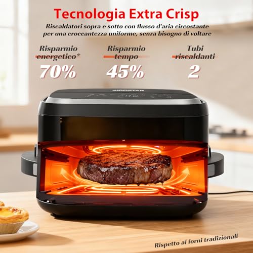Aigostar Friggitrice ad Aria XXL 745cm² Surface, 2200W Silenzioso Extra-Crisp Technologie + Doppia Resistenza, 11 Programmi (Pizza Surgelata), Touchscreen, Finestra Illuminata, Interno Metallico, Nero - Immagine 3