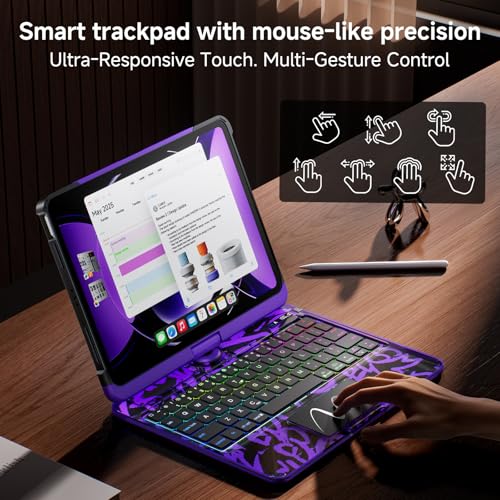 Image of Clear Wireless Keyboard Case for iPad Air 13 Inch (M4 /M3 /M2, 2026 /2025 /2024) / iPad Pro 12.9 inch (6th /5th /4th /3rd Gen), 7-Color Backlit, Pencil Holder & Multi-Touch Trackpad, 360 Rotatable,Purple