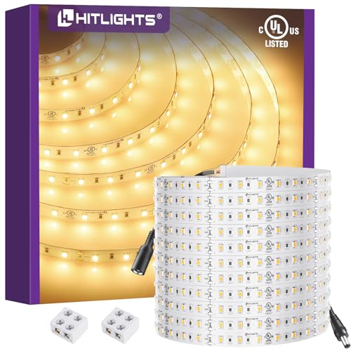 HitLights 24V LED Strip Lights Warm White 3000K, 26.2ft Cuttable Tape Backed 3oz PCB, UL Listed...