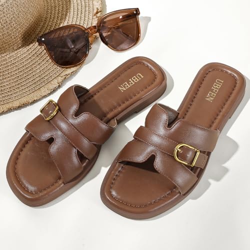 Image of UBFEN Womens Square Toe Flat Sandals Slides Dressy Comfortable for Beach