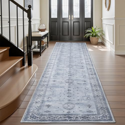 AMOAMI Vintage 2X10 Runner Rug Non Slip Soft Runners for Hallways Washable Hallway Runner Rug Bedside Rugs for Bedroom Long for Hallways Entryway Laundry Room Stair Kitchen Bathroom Blue Boh