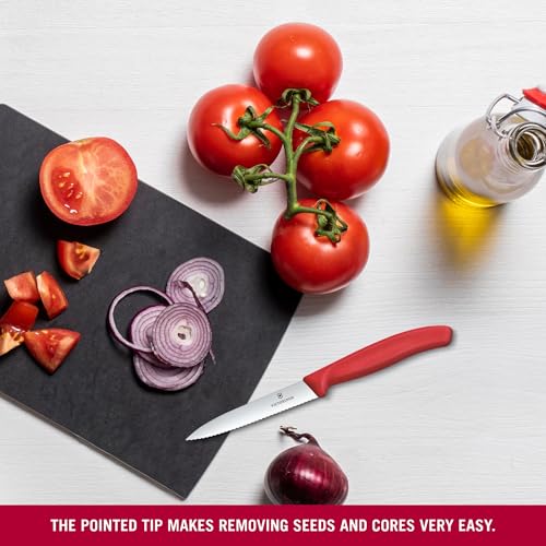 Image of Victorinox Swiss Made Stainless Steel Swiss Classic Paring Knife, 10 cm, Serrated Edge with Pointed Tip, Professional and Household Kitchen Tools, Kitchen Items, Red, 6.7731.C1 | Multipurpose Knife