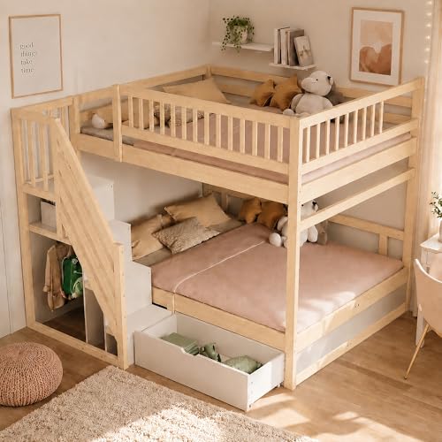 Zravenna Litera de 140 x 200 cm para 2 niños, cama alta con somier, cajones de almacenamiento, cama con protección anticaídas y escalera de seguridad con espacio de almacenamiento, cama de madera