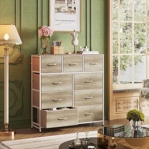 Image of WLIVE 9-Drawer Dresser, Fabric Storage Tower for Bedroom, Hallway, Nursery, Closet, Tall Chest Organizer Unit with Fabric Bins, Steel Frame, Wood Top, Easy Pull Handle, Greige