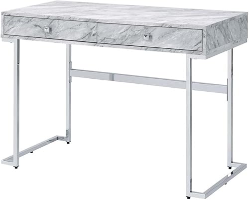 Acme Tigress - Escritorio de mármol sintético con 2 cajones en blanco y cromado