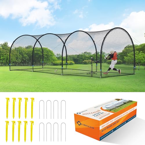 ORIENGEAR 30FT Baseball Batting Cages for Backyard, Baseball Training Equipment Netting for Hitting and Pitching Practice, Golf Softball Baseball Nets for Batting with Frame and Net